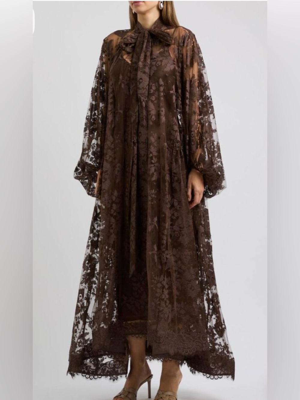 Sheer Floral Lace Maxi Dress in Chocolate Brown